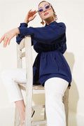 Chest Drawstring Waist Tunnel Shirt Navy Blue