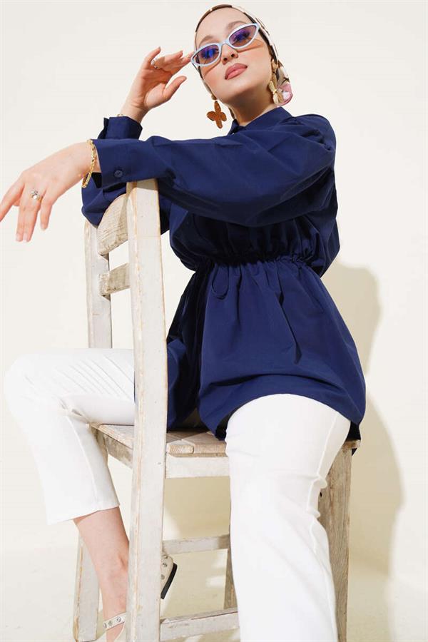 Chest Drawstring Waist Tunnel Shirt Navy Blue