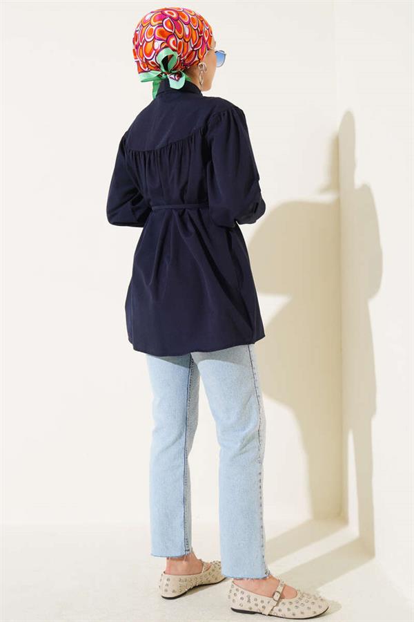 Chest Pleated Shirt Navy Blue