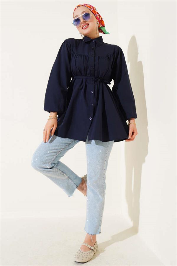 Chest Pleated Shirt Navy Blue