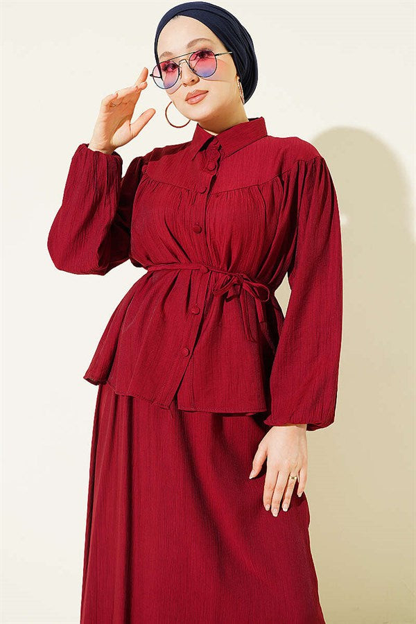 2 Piece Set with Gathered Bust and Strappy Belt Skirt in Burgundy