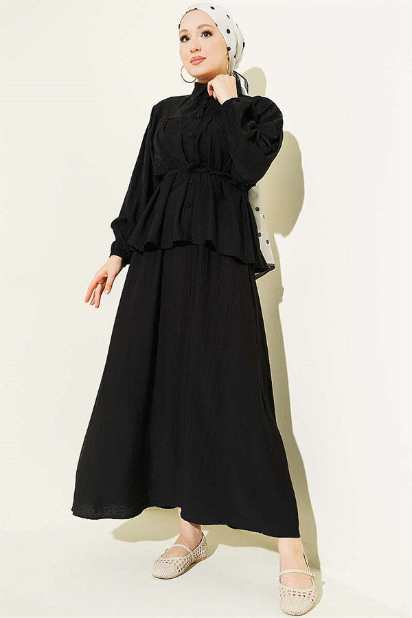 2 Piece Set with Gathered Bust and Strappy Belt Skirt, Black