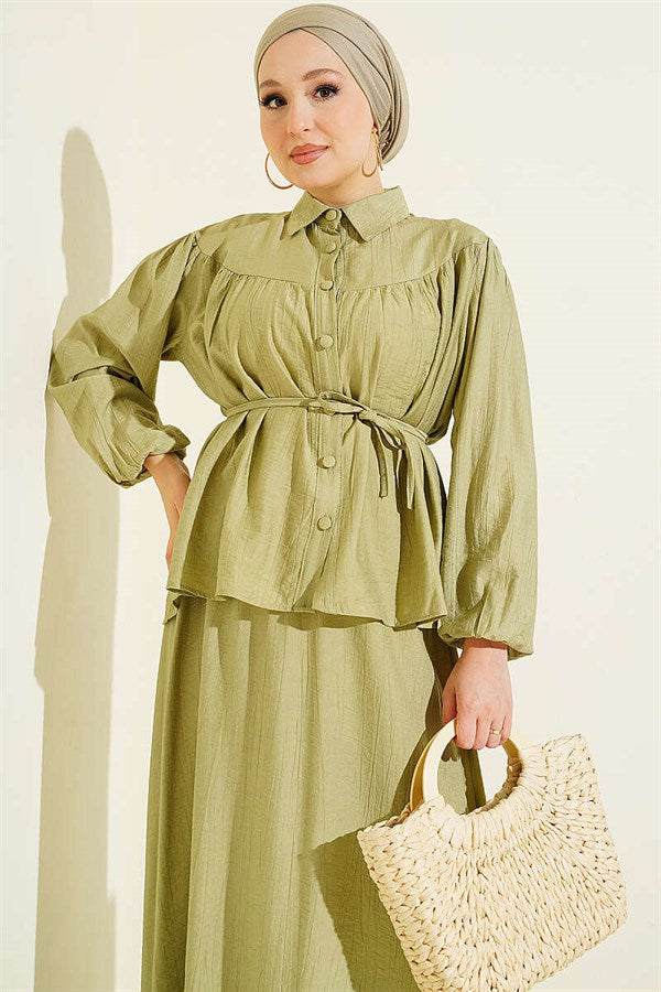 2 Piece Set with Gathered Bust and Strappy Belt Skirt in Light Green