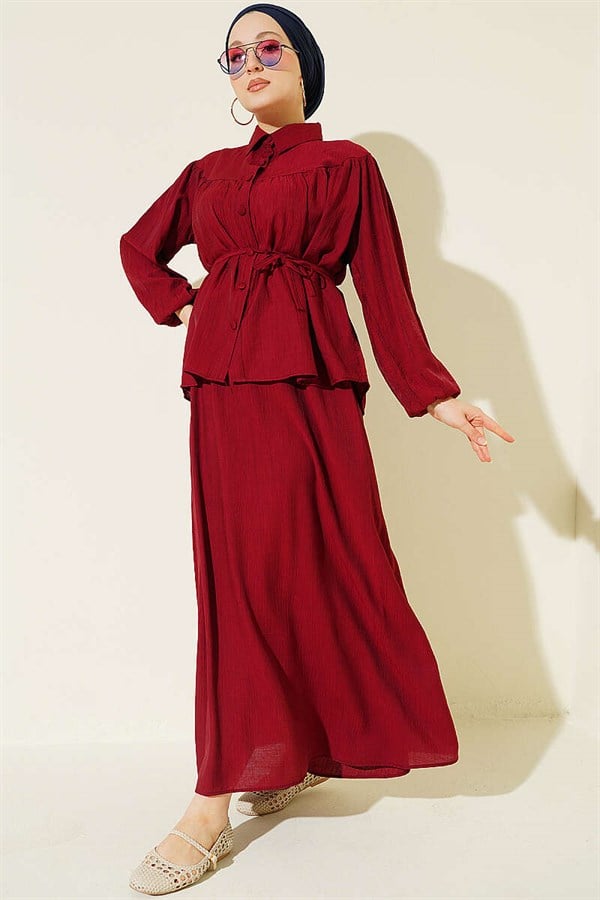 2 Piece Set with Gathered Bust and Strappy Belt Skirt in Burgundy