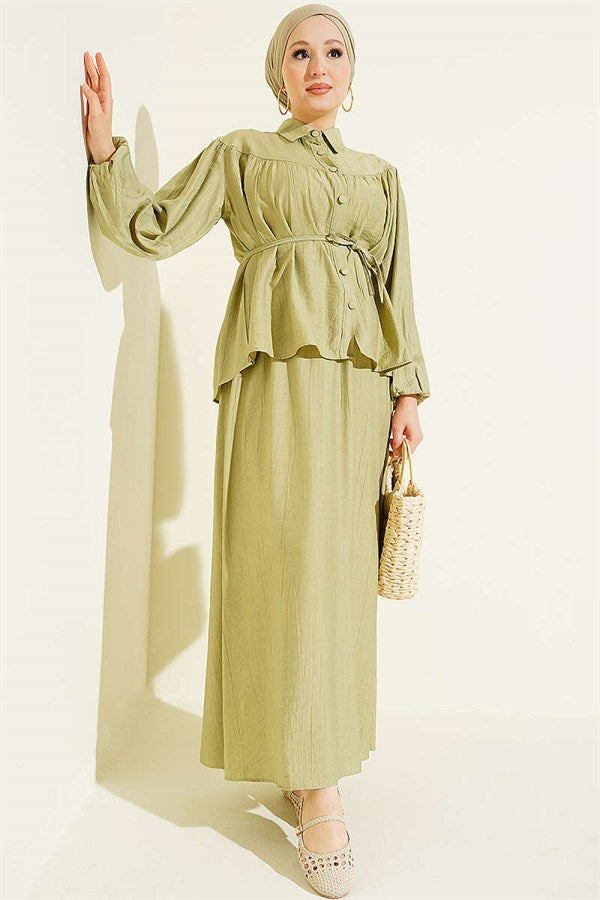 2 Piece Set with Gathered Bust and Strappy Belt Skirt in Light Green