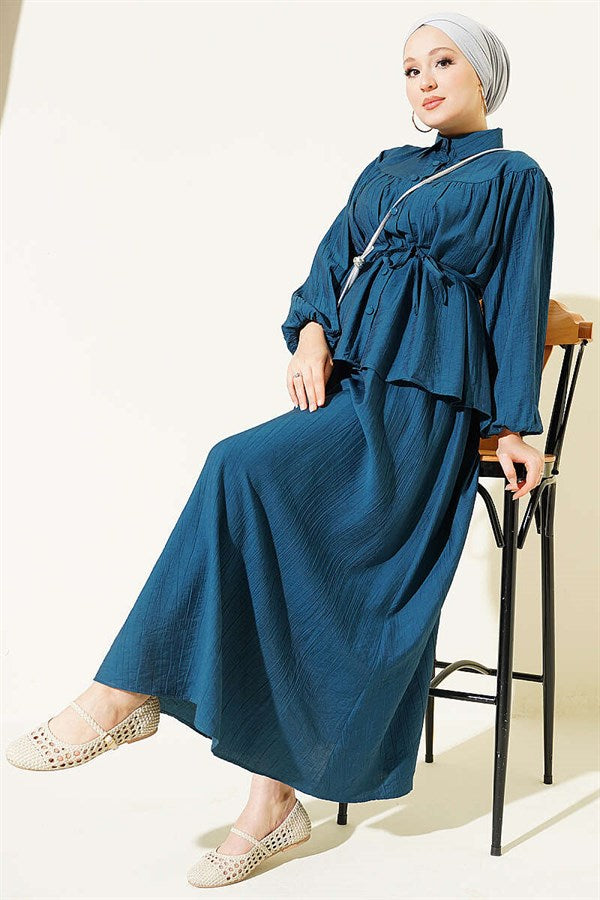 2 Piece Set with Gathered Bust and Strappy Belt Skirt in Petrol