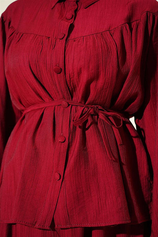 2 Piece Set with Gathered Bust and Strappy Belt Skirt in Burgundy