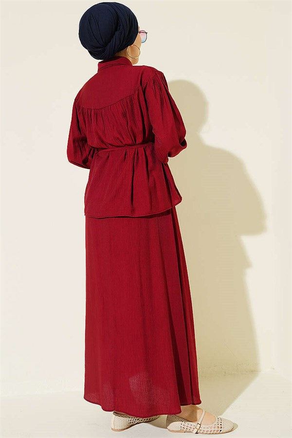 2 Piece Set with Gathered Bust and Strappy Belt Skirt in Burgundy