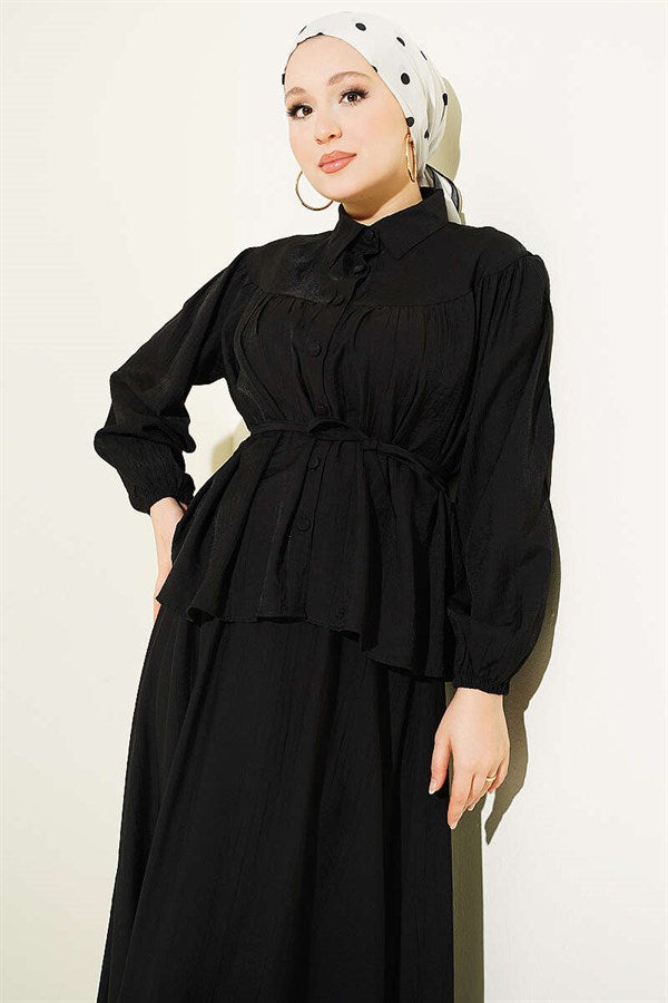 2 Piece Set with Gathered Bust and Strappy Belt Skirt, Black