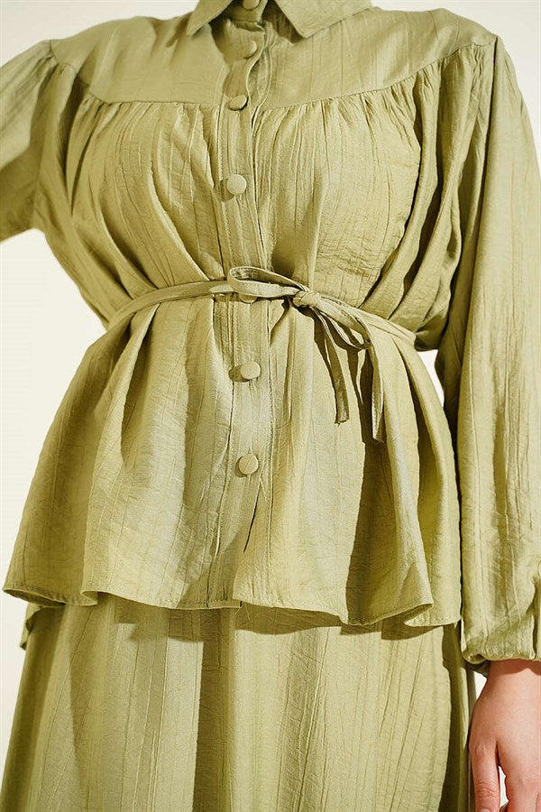 2 Piece Set with Gathered Bust and Strappy Belt Skirt in Light Green