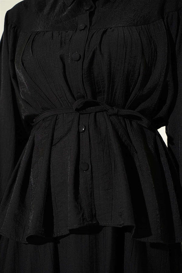 2 Piece Set with Gathered Bust and Strappy Belt Skirt, Black