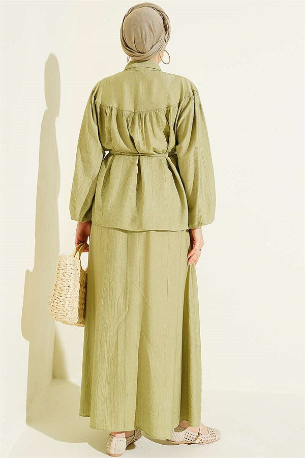 2 Piece Set with Gathered Bust and Strappy Belt Skirt in Light Green