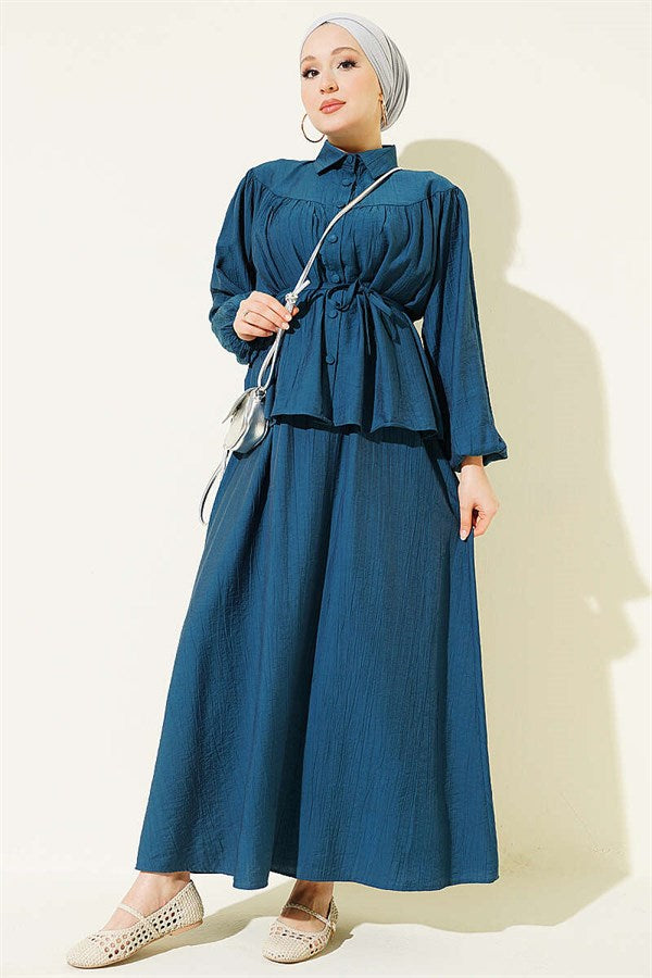 2 Piece Set with Gathered Bust and Strappy Belt Skirt in Petrol