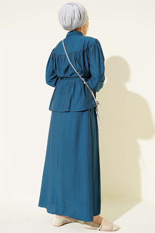 2 Piece Set with Gathered Bust and Strappy Belt Skirt in Petrol