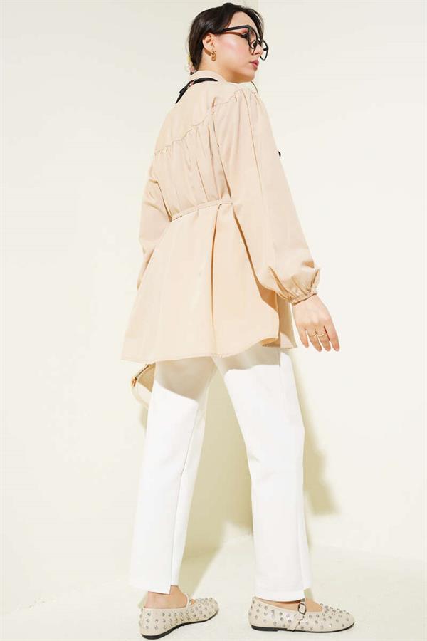 Chest Drawstring Belted Shirt Beige