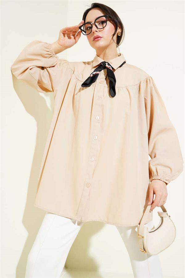 Chest Drawstring Belted Shirt Beige