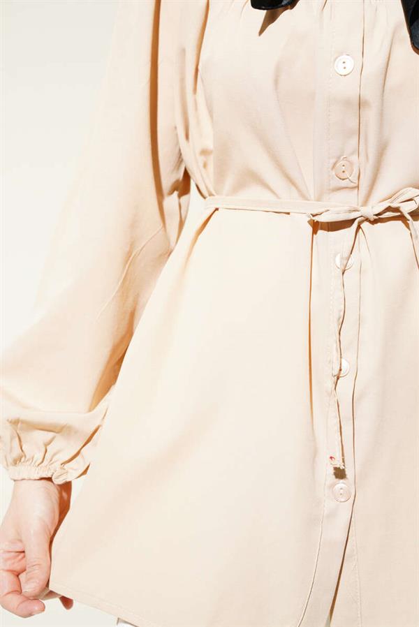 Chest Drawstring Belted Shirt Beige