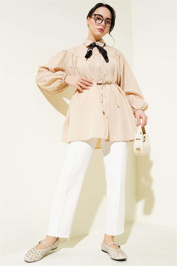 Chest Drawstring Belted Shirt Beige