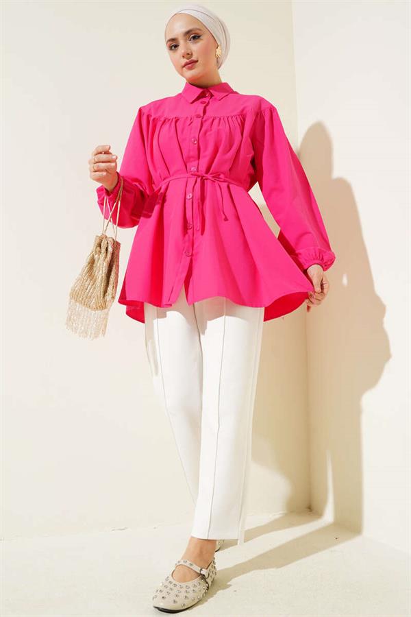 Chest Drawstring Belted Shirt Fuchsia
