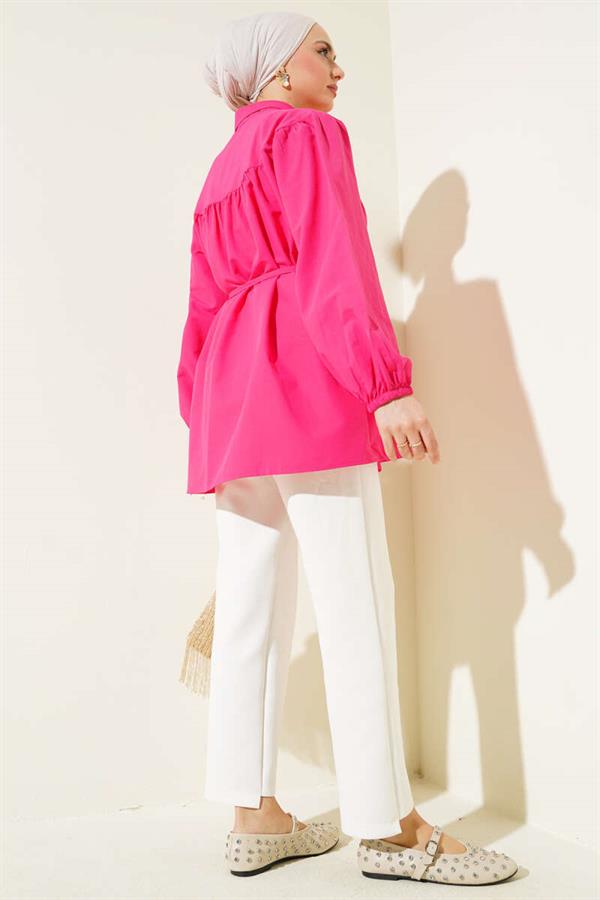 Chest Drawstring Belted Shirt Fuchsia