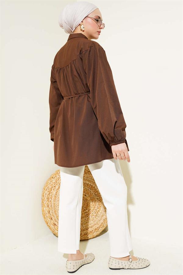Chest Drawstring Belted Shirt Brown