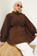 Chest Drawstring Belted Shirt Brown