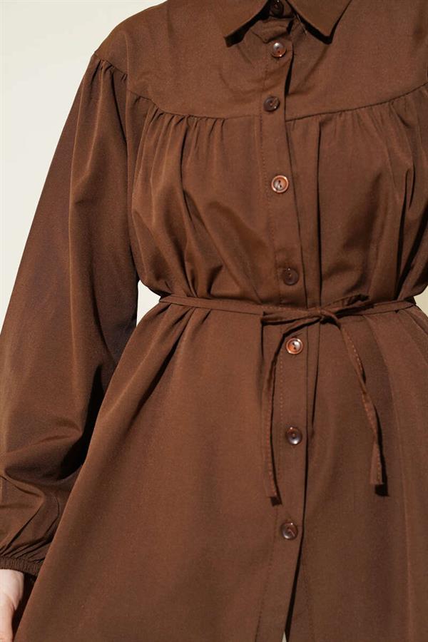 Chest Drawstring Belted Shirt Brown