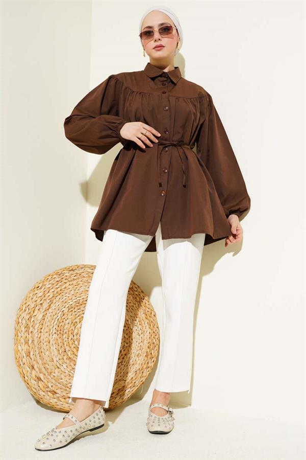 Chest Drawstring Belted Shirt Brown