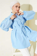 Chest Drawstring Belted Shirt Blue