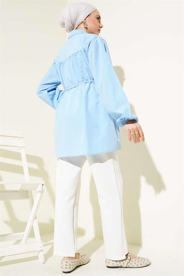 Chest Drawstring Belted Shirt Blue