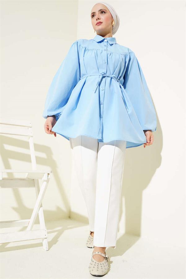 Chest Drawstring Belted Shirt Blue