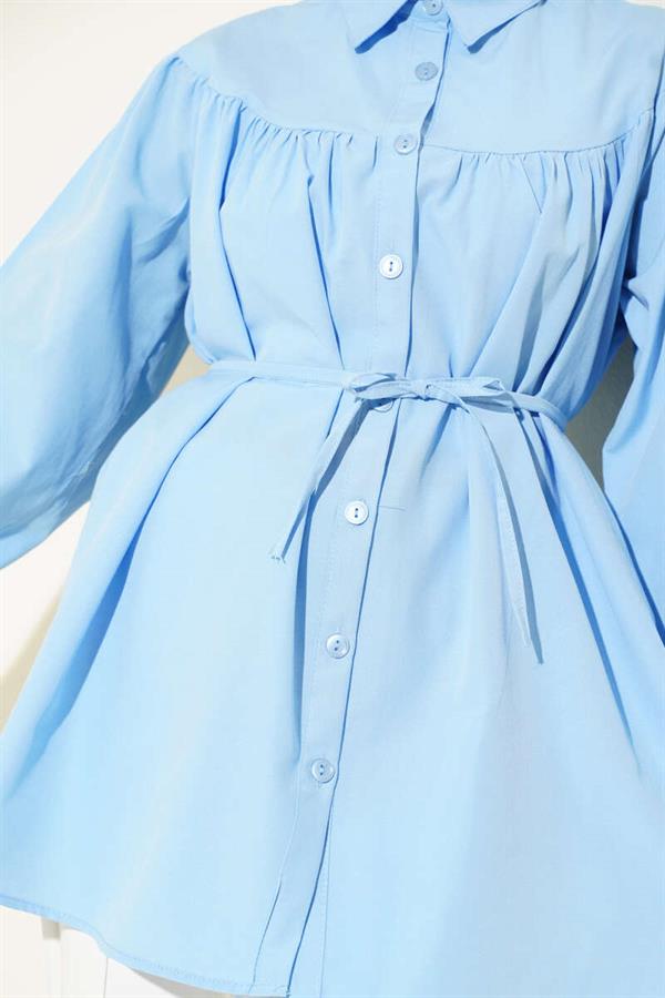 Chest Drawstring Belted Shirt Blue