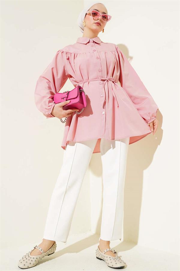 Chest Drawstring Belted Shirt Powder