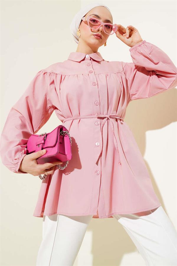 Chest Drawstring Belted Shirt Powder