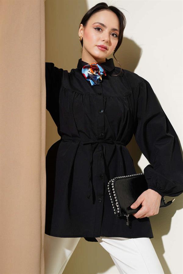 Chest Drawstring Belted Shirt Black