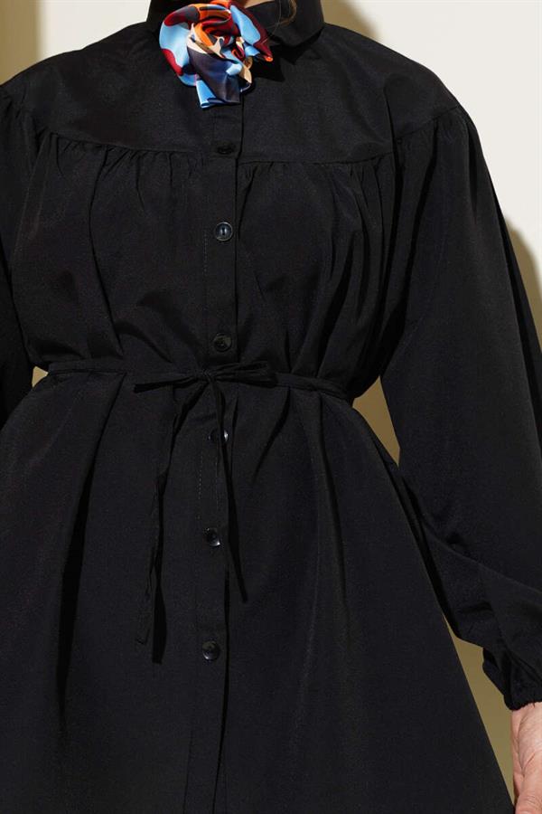 Chest Drawstring Belted Shirt Black