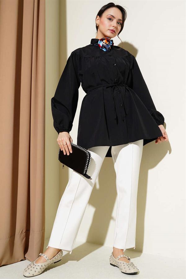 Chest Drawstring Belted Shirt Black