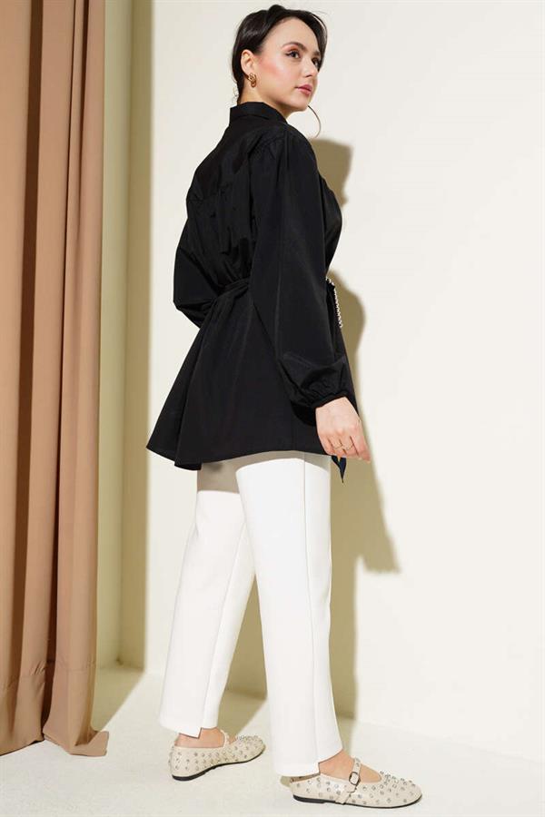 Chest Drawstring Belted Shirt Black