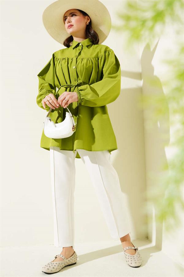 Shirt with Chest Drawstring Belt Green