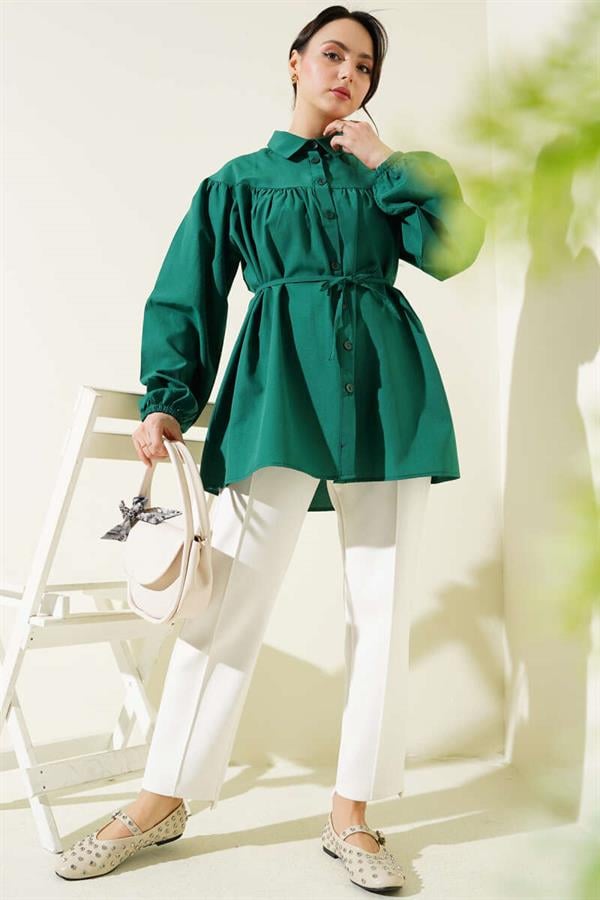Chest Drawstring Belted Shirt Emerald