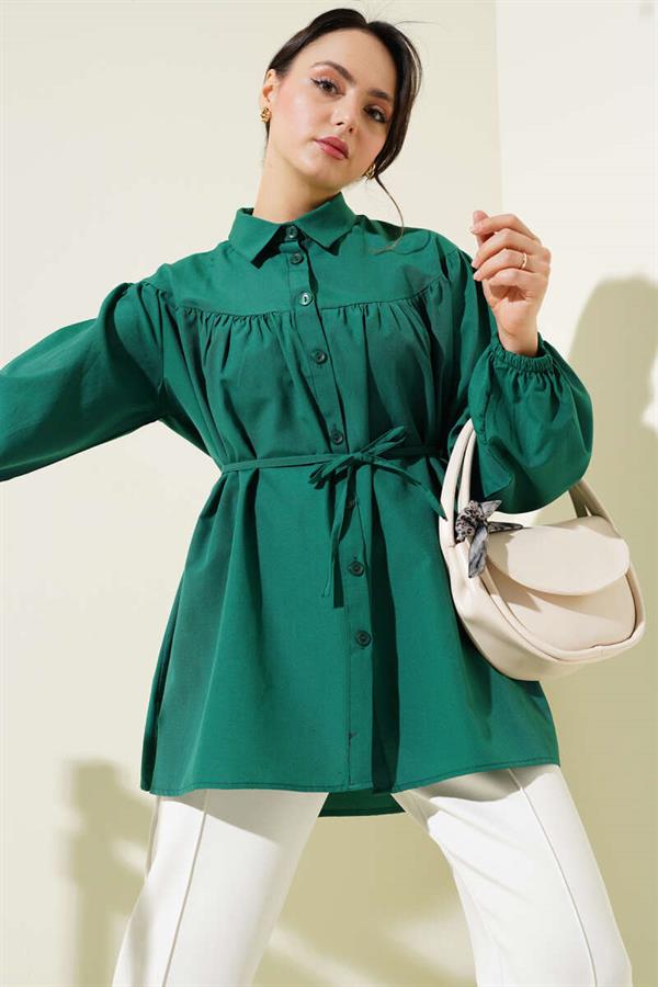 Chest Drawstring Belted Shirt Emerald