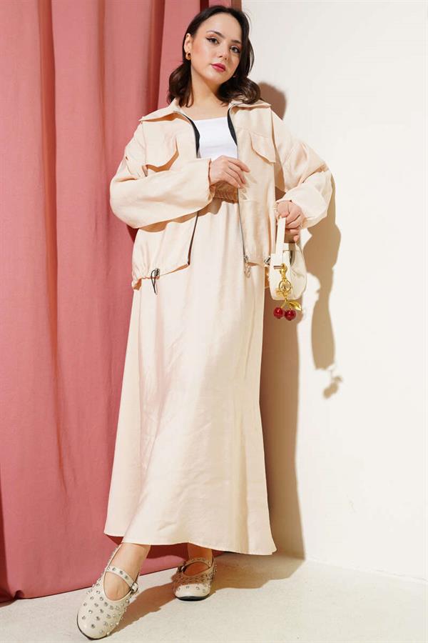 2 Piece Set with Chest Pocket and Skirt, Beige