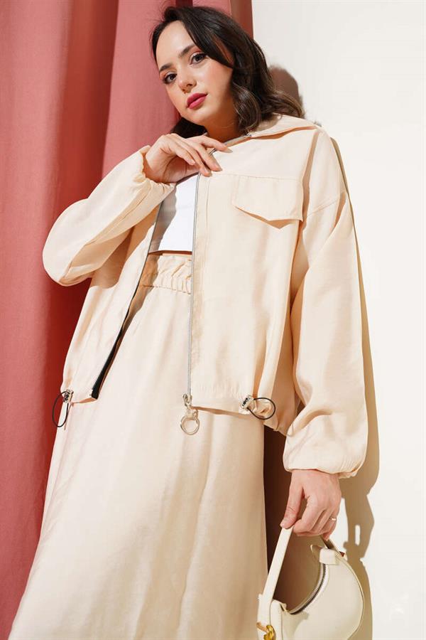 2 Piece Set with Chest Pocket and Skirt, Beige