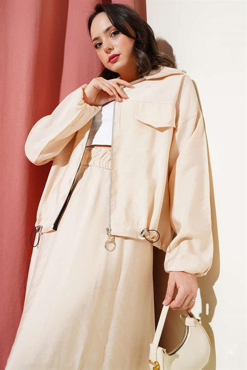 2 Piece Set with Chest Pocket and Skirt, Beige
