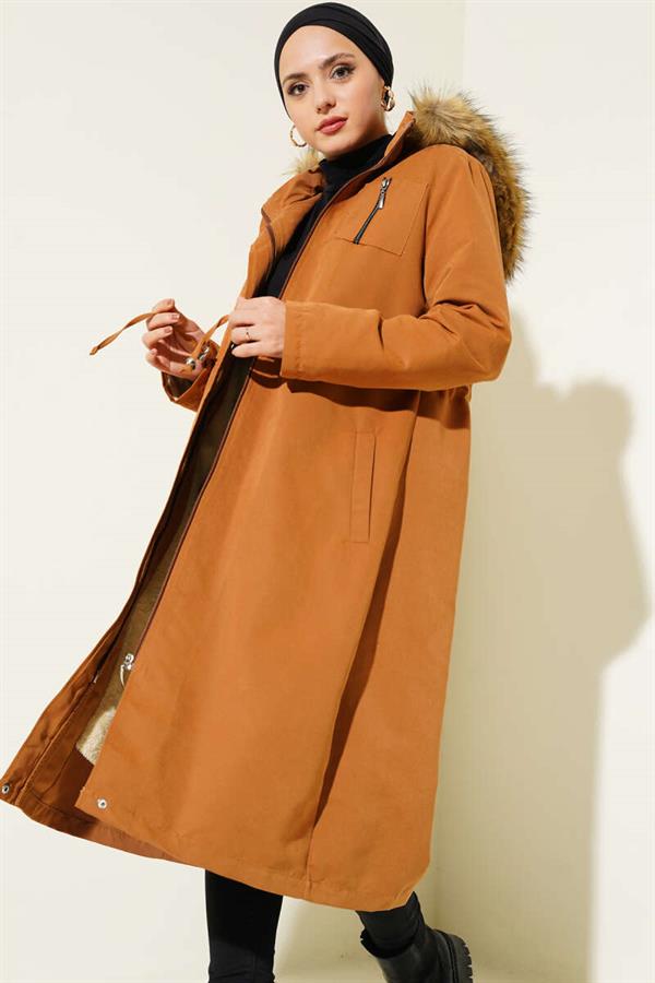 Chest Pocket Waist Tunnel Coat Tan