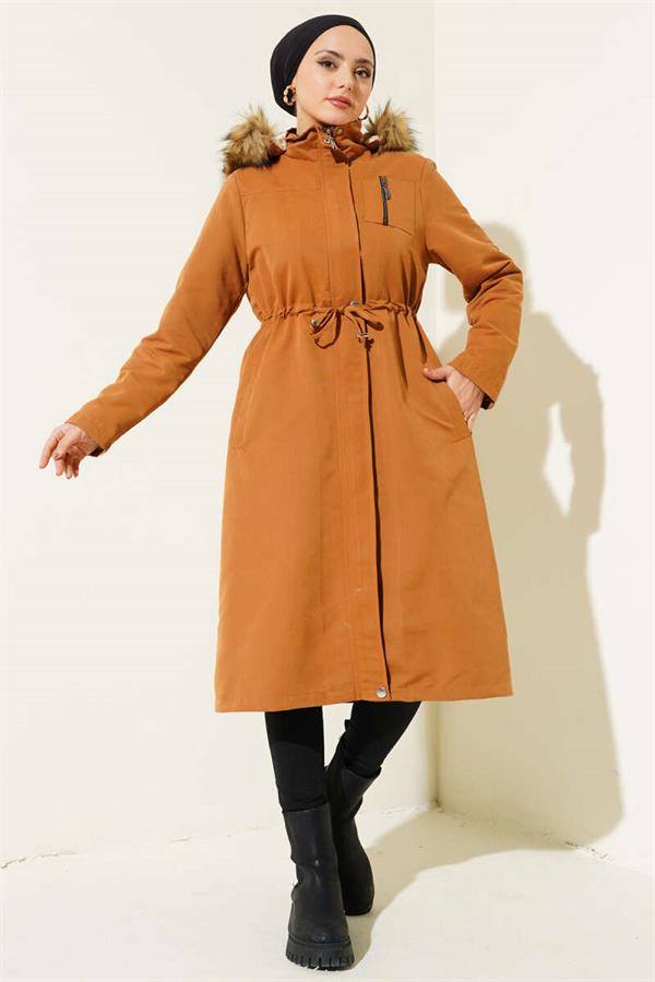 Chest Pocket Waist Tunnel Coat Tan