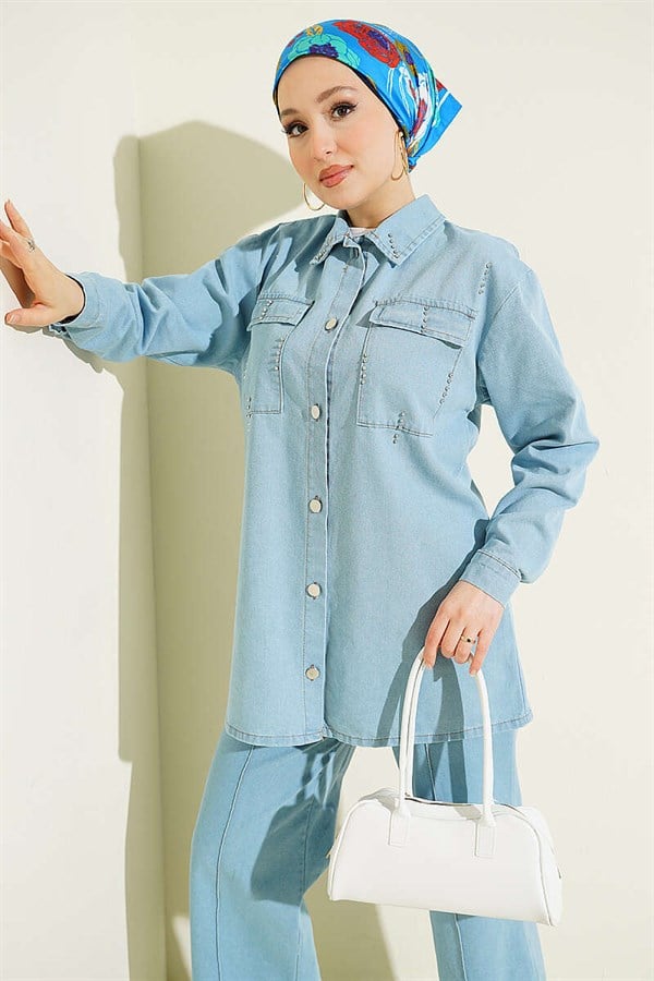 Light Blue Denim 2 Piece Set with Drop Beads and Chest Pocket