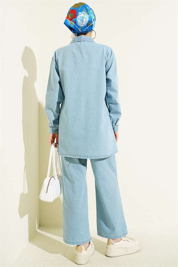 Light Blue Denim 2 Piece Set with Drop Beads and Chest Pocket