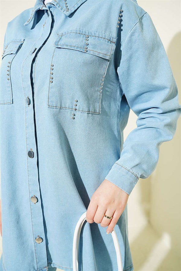 Light Blue Denim 2 Piece Set with Drop Beads and Chest Pocket