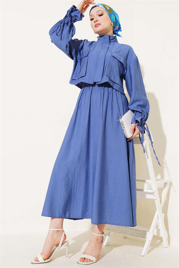 Chest Pocket Zippered Skirted 2 Piece Set Indigo